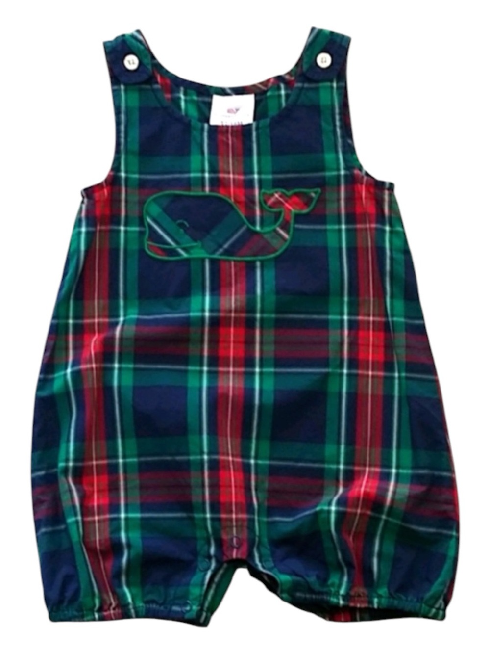 VINEYARD VINES Navy, Green & Red Plaid Baby Whale JoJo Romper Size 12/18 Months